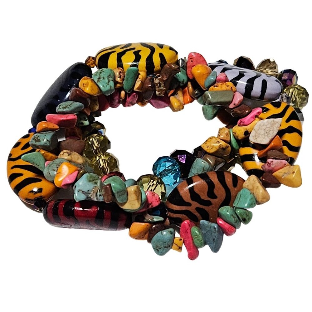 Safari Animal Print Stones Multicolor Gemstones Chunky Beaded Stretch Bracelet
